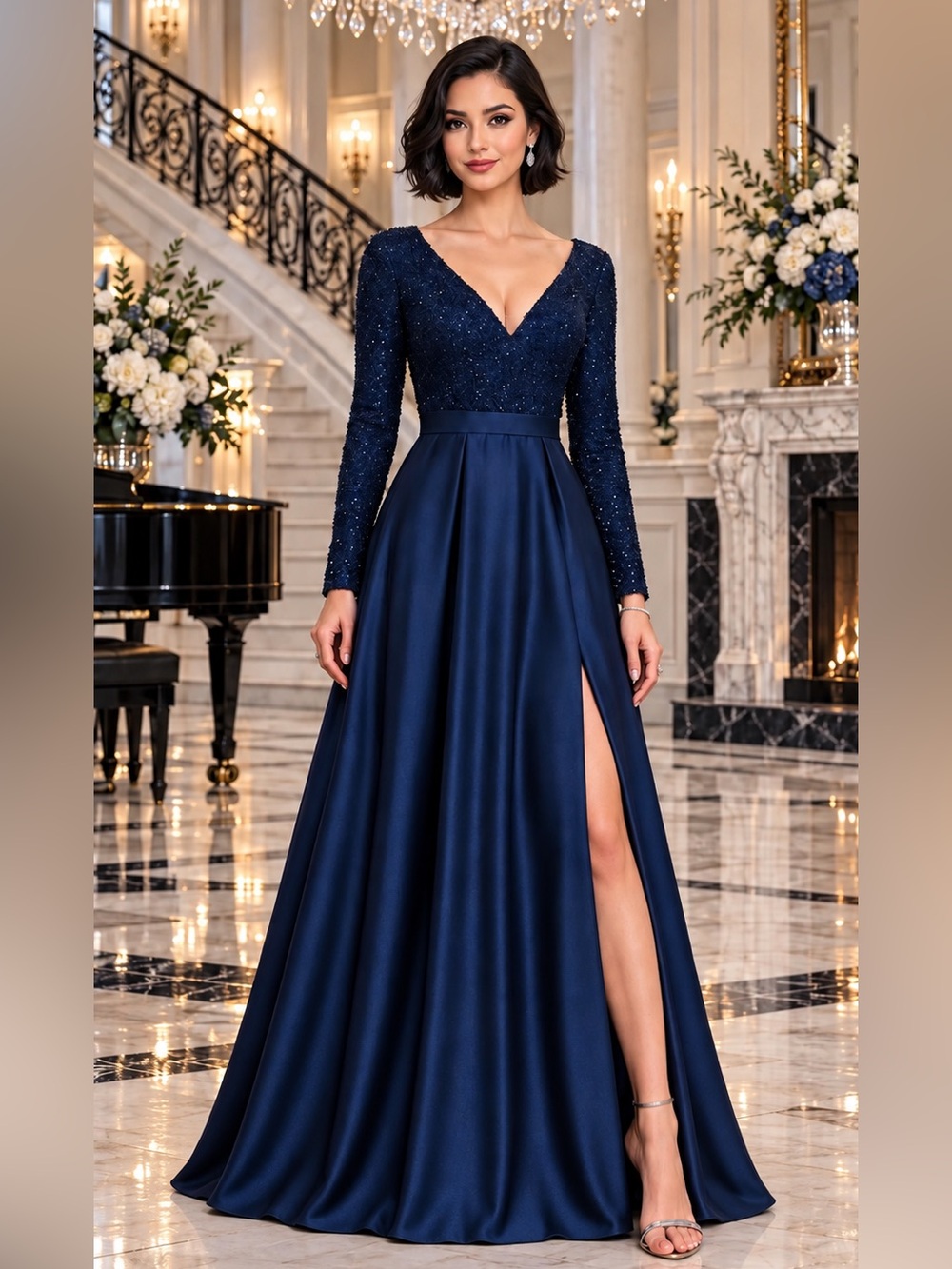NWOT Navy Blue Satin Velvet Sequins Military Wedding Gala Gown Sz L